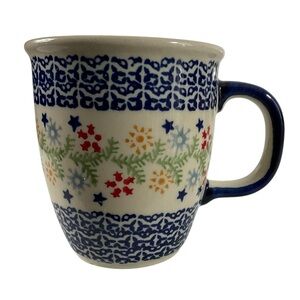 Handmade Polish Pottery Mug by Manufaktura | 10 oz Blue Floral Folk Art